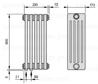 Схема (чертеж) Радиатор Zehnder Charleston 5090/5 №3370 Белый глянцевый RAL 9016